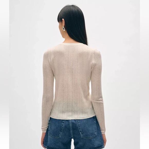 NWT White + Warren Linen Gauze Verigated Ribbed Cardi Top in Oatmeal Heather - Picture 2 of 13